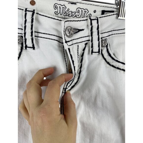 MISS ME Womens 26 Skinny Jeans White Black Saddle Cross Stitch Embellished Y2K - Picture 5 of 9
